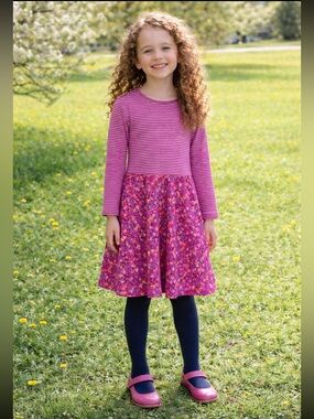 Tea Collection Striped Magenta Floral Print Long Sleeve Knit Dress, Girls Size 8